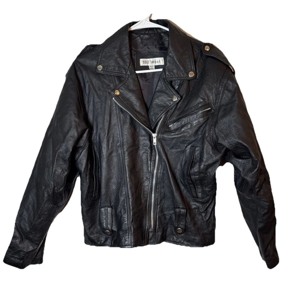 Vintage 90s 188 West Womens Small Black Leather Moto Biker‎ Jacket Asym Zip S